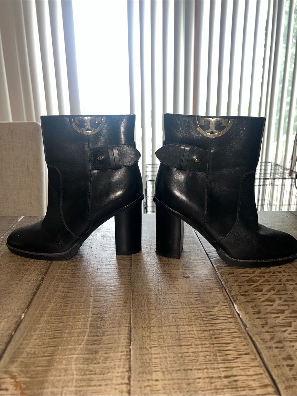 Tory Burch Black Leather Logo Strap Block Heel Booties